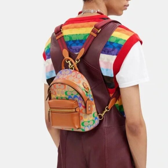 Coach Charter Backpack 18 Small Rainbow Signature Canvas Brown Leather Unisex - Picture 7 of 11